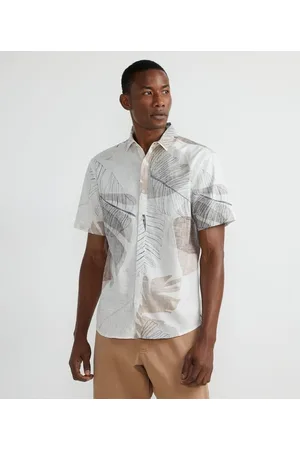 Marfinno Camisa Manga Curta em Linho com Estampa de Folhagem