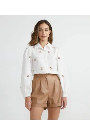 A-Collection Camisa Manga Longa em Tricoline com Bordados de Flores