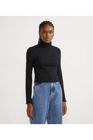 Blue Steel Blusa em Algodão Canelado com Gola Alta e Manga Longa