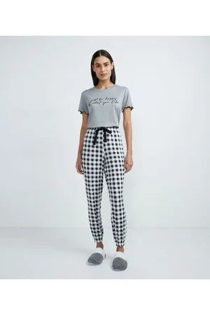 Love & Toast Pijama Longo em Viscolycra com Blusa Manga Curta e Calça Xadrez Pied-de-Poule