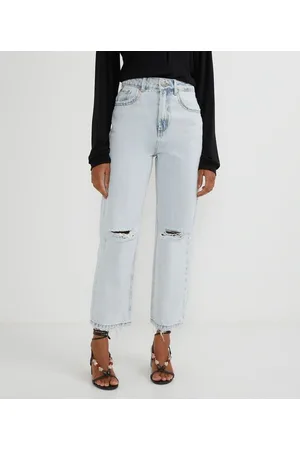 Marfinno Calça Reta Cropped Jeans com Cintura Alta