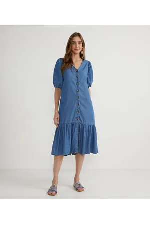 Marfinno Vestido Midi Jeans com Manga Bufante e Babado na Barra