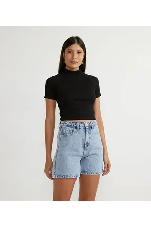 Blue Steel Blusa em Viscose Canelada com Gola Alta e Manga Raglan