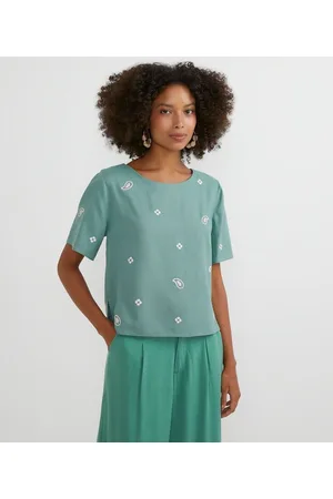 Marfinno Blusa em Viscolinho com Bordados Étnicos