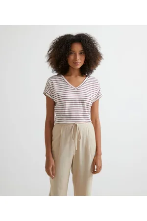 Marfinno Blusa em Viscolinho Listrado com Decote V e Manga Curta