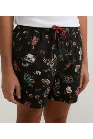 Blue Steel Bermuda em Paper Touch com Estampas Folclore Oriental em Repetição