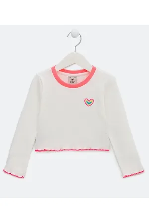 Póim (1 a 5 anos) Blusa Infantil Canelada com Bordado de Coração e Frufru na Barra - Tam 1 a 5 anos