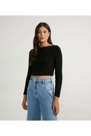 Blue Steel Blusa Curta em Tricô Chenille com Manga Longa