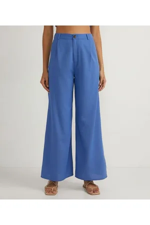 Blue Steel Calça Wide Leg em Linho com Pregas