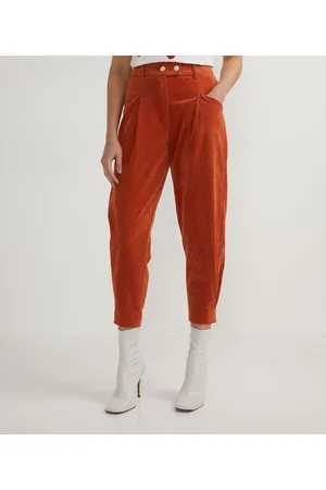 A-Collection Calça Cenoura em Veludo com Cintura Alta sem Estampa