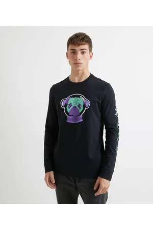 Blue Steel Camiseta Manga Longa em Algodão Estampa Pug que Brilha no Escuro