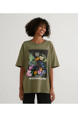 Alice No País das Maravilhas Blusa Alongada em Algodão com Estampa Floral e Escrita