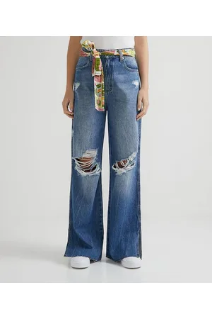 Blue Steel Calça Wide Leg Jeans com Cinto de Lenço Estampado