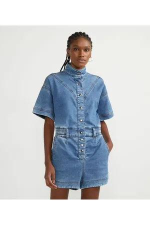 Blue Steel Macaquinho Jeans com Gola Alta e Botões Frontais Comfy