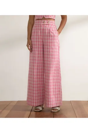 Calça wide leg pantalona cintura alta rosa pink PKS