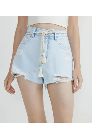Blue Steel Short Cintura Alta Jeans com Puídos e Cinto Corda