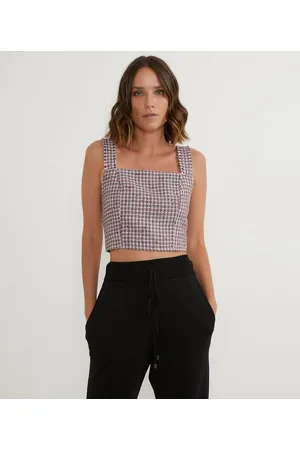 Cortelle Blusa Regata Cropped em Tweed com Estampa Xadrez