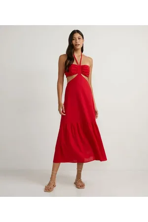 Blue Steel Vestido Midi Frente Única Viscolinho com Aberturas nas Laterais