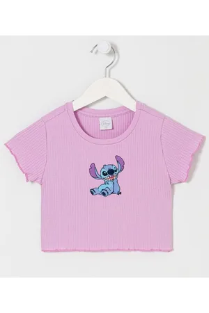 Disney Blusa Cropped Infantil Canelada com Bordado Stitch - Tam 5 a 14 anos