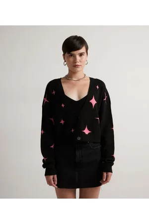 Blue Steel Cardigan Cropped em Tricô com Estampa de Estrelas
