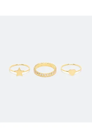 Cubus Kit 3 Anéis em Metal com Aliança de Strass e Anéis Coração e Estrela