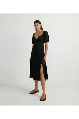 Blue Steel Vestido Midi em Linho com Decote V Transpassado e Manga Bufante