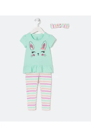 Póim (1 a 5 anos) Conjunto Infantil em Cotton com Estampa de Coelho com Paetê e Faixa de Cabelo - Tam 1 a 5 Anos