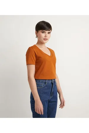 Blue Steel Blusa Básica em Algodão com Decote V e Manga Curta