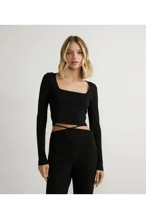 Blue Steel Blusa Curta em Tricô com Decote Quadrado e Manga Longa