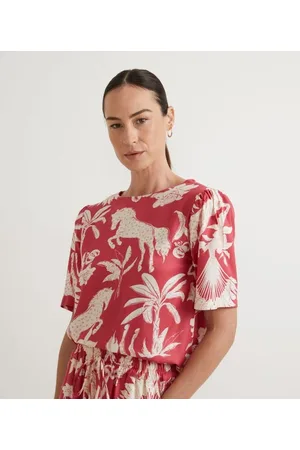 Cortelle Blusa em Viscose com Estampa de Folhagem e Manga Bufante