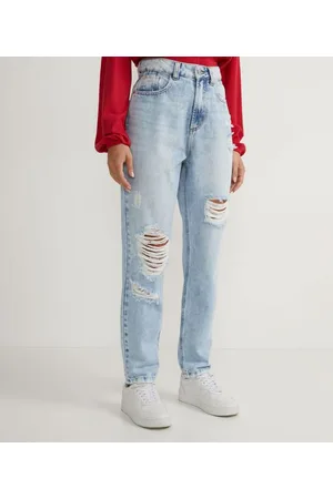 Blue Steel Calça Mom Jeans com Cintura Alta e Puídos