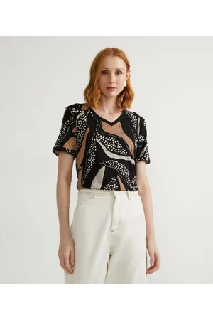 Marfinno Blusa em Viscose com Manga Curta e Estampa de Folhagem