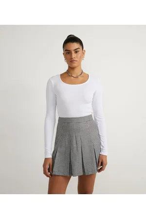 Blue Steel Blusa Cropped Básica em Viscose Canelada com Manga Longa