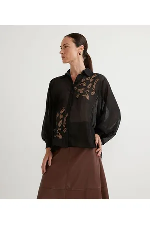 Cortelle Camisa com Fio Metalizado Manga Longa e Bordado Animal Print Onça