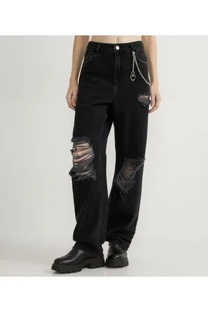 Blue Steel Calça Dad Jeans com Cintura Baixa Puídos e Corrente