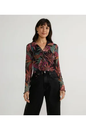 Blue Steel Blusa em Tule com Gola Polo e Estampa de Folhagem