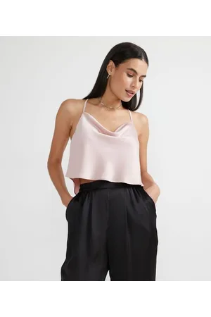Blue Steel Blusa Regata Cropped em Cetim com Decote Degagê