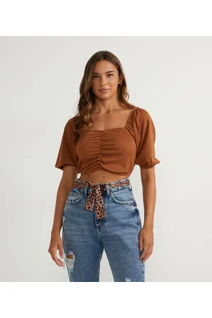 Blue Steel Blusa Cropped com Decote Coração e Puxadinho Frontal