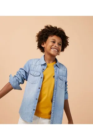 Fuzarka Camisa Infantil em Jeans com Bolsos Frontais - Tam 5 a 14 anos