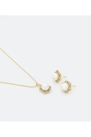 Cubus Conjunto Brinco e Colar em Metal com Pingente de Pérola e Strass