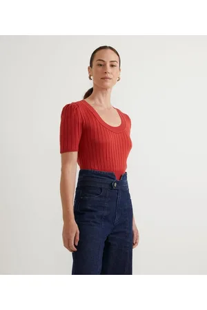 Cortelle Blusa em Tricô Canelado com Manga Curta Bufante