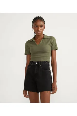 Blue Steel Blusa Cropped em Ribana com Gola Polo e Manga Curta