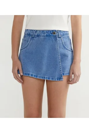 Blue Steel Short Saia Jeans Transpassado com Cintura Alta