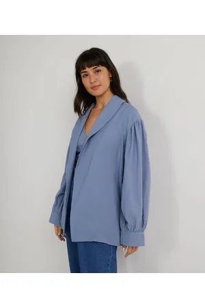 Blue Steel Blazer Alongado em Linho com Gola de Lapela e Manga Bufante
