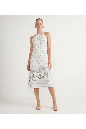 Cortelle Vestido Midi em Viscolinho Floral com Estampa Barrada