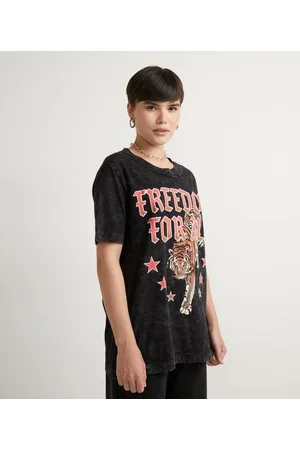 Blue Steel Blusa Alongada em Algodão com Estampa de Tigre e Lettering