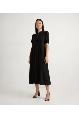 Cortelle Vestido Midi Texturizado com Amarração e Abotoamento no Busto