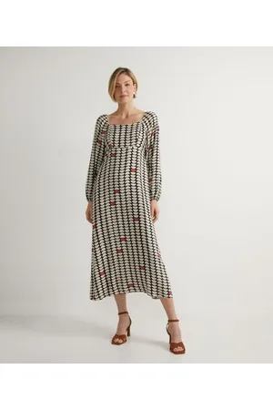 Cortelle Vestido Midi em Viscose Manga Longa com Estampa Geométrica Meia Lua