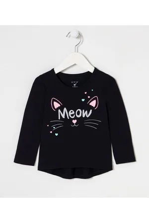 Póim (1 a 5 anos) Blusa Infantil com Estampa de Gatinho e Lettering "Meow" - Tam 01 a 05 Anos
