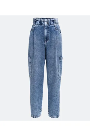 Calça Baggy Jeans com Bolso Cargo Bordados e Efeito Marmorizado Azul